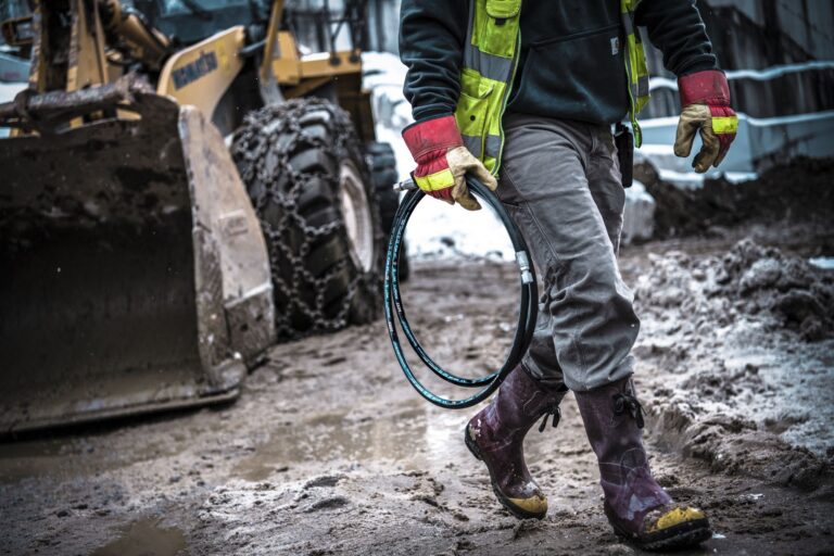 man wearing work boots, hi vis carrying a coiled up hydraulic hose. Scene - outside muddy ground with a digger with chains on the wheels