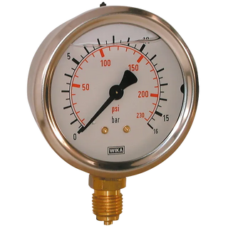 Wika 100mm Glycerine-Filled Pressure Gauge, 0-160 bar, 1/2" BSP, Bottom Entry